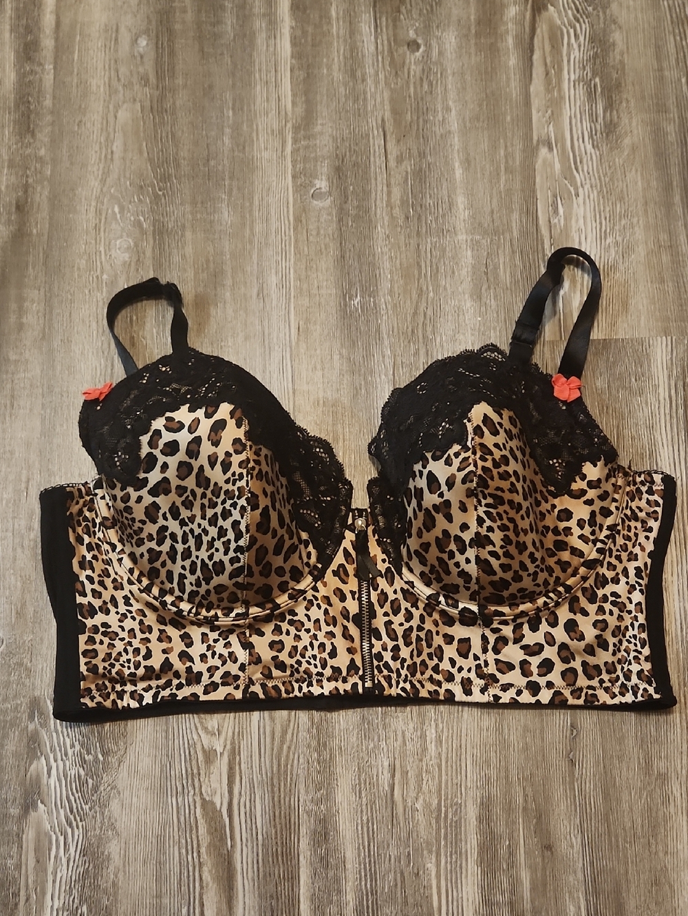 Leopard Print Zip Front Lace Bra with Black Trim